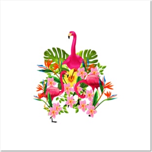 Flamingo Flock Tropical Floral, Birds Posters and Art